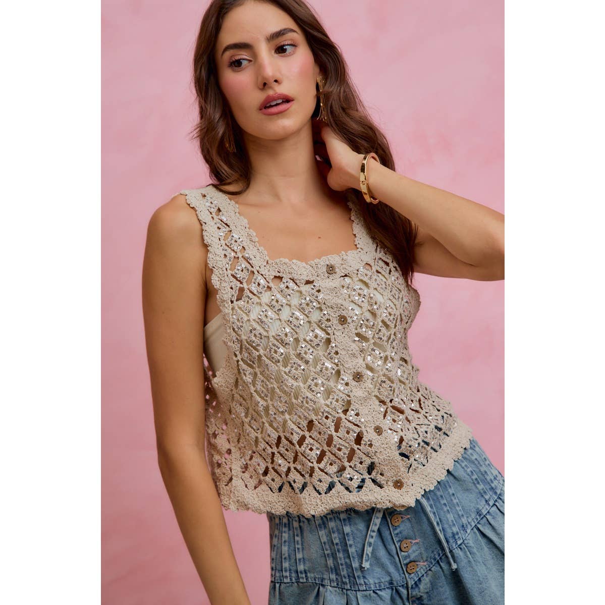 Golden Hour Crochet Sequin Vest