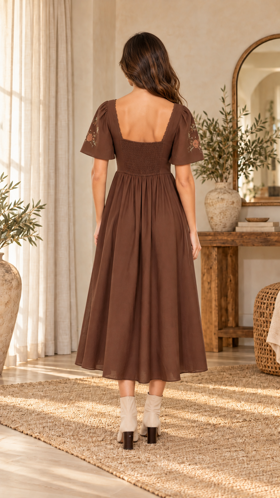 Autumn Heirloom Embroidered Midi Dress [Chocolate]