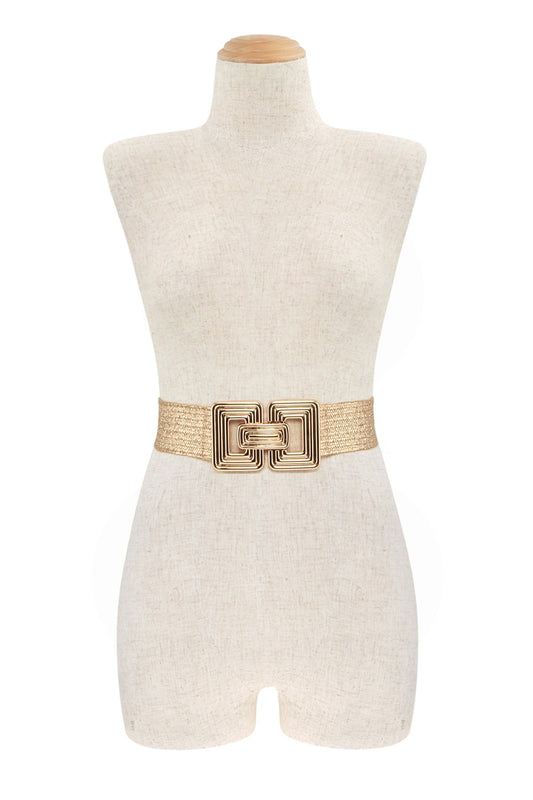 Ribbed Rectangle Buckle Metallic Straw Belt