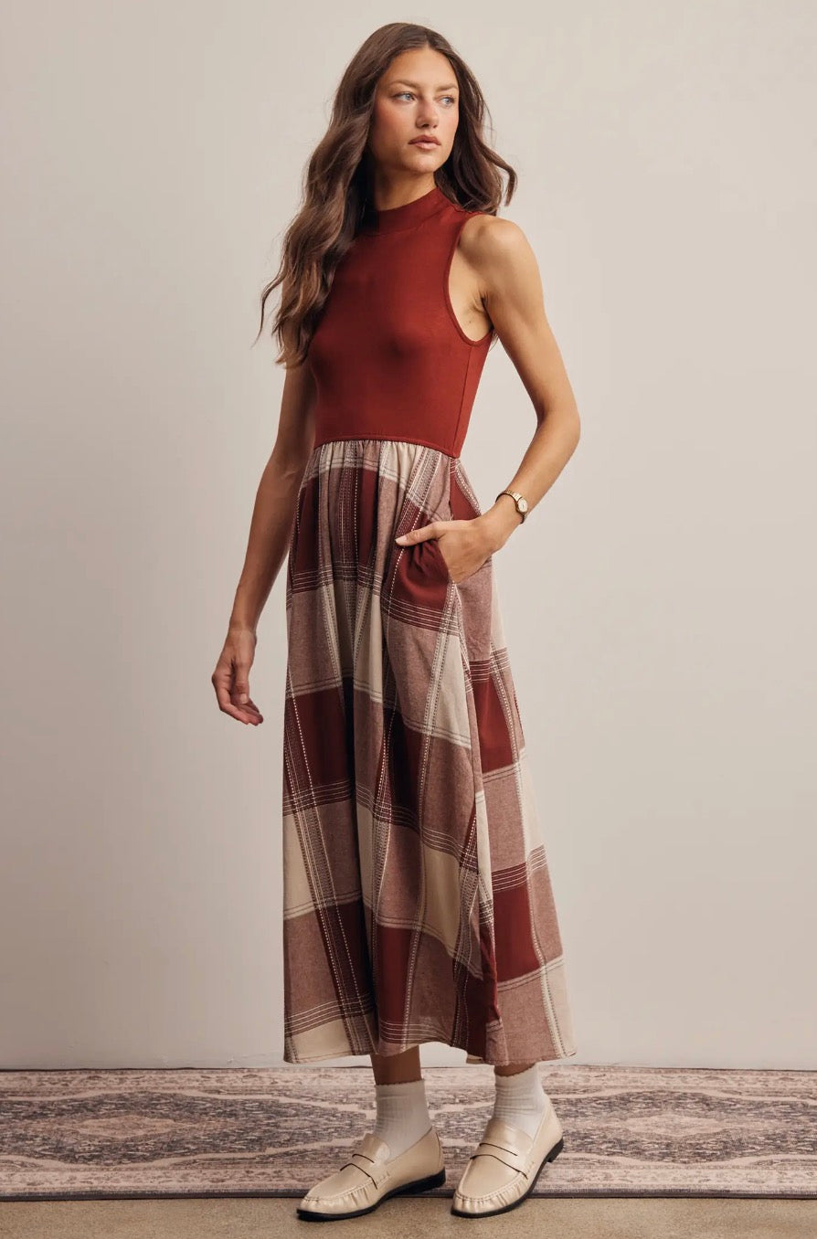 Marsala Plaid Mixed-Media Midi Dress