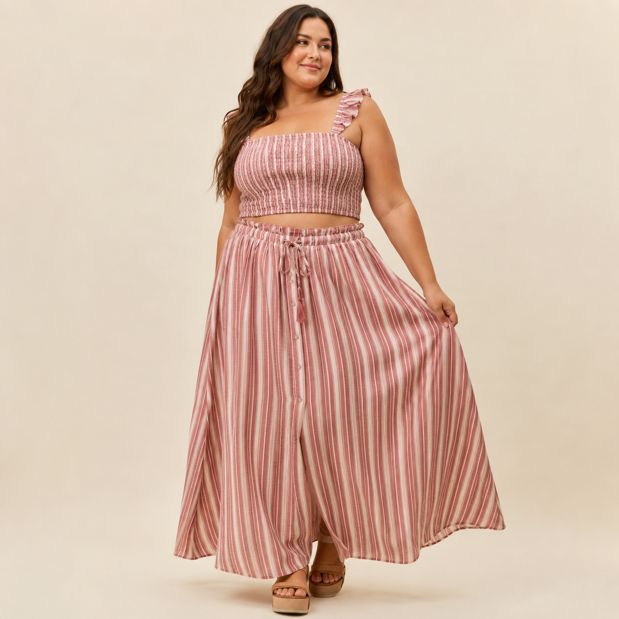 Rose Stripe Smocked Two-Piece Maxi Set