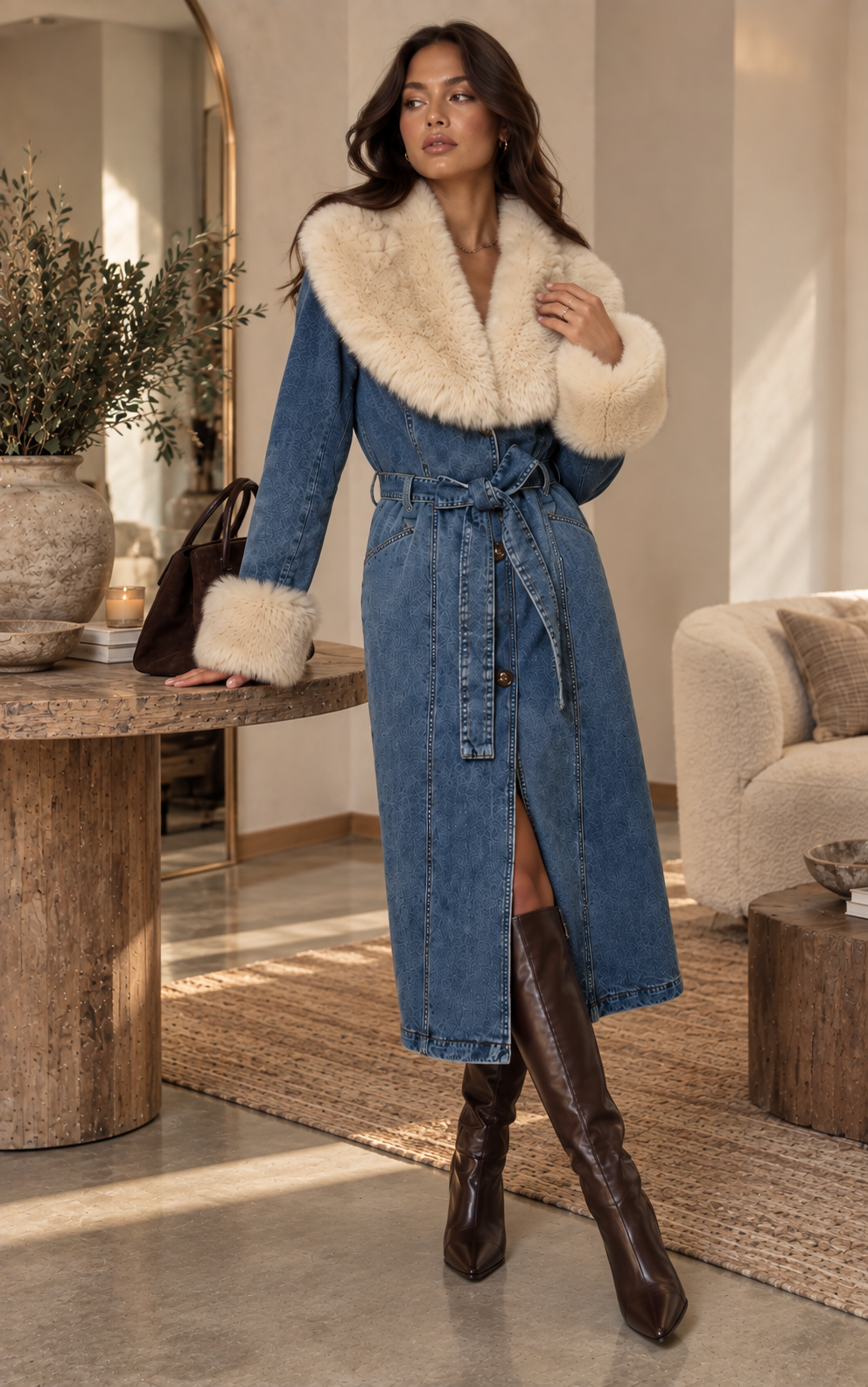 Aspen Denim Faux Fur Trench Coat