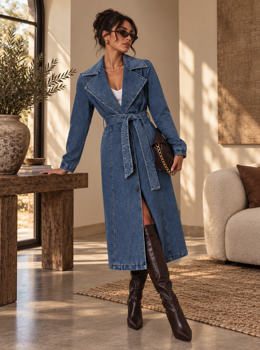 Aspen Denim Faux Fur Trench Coat