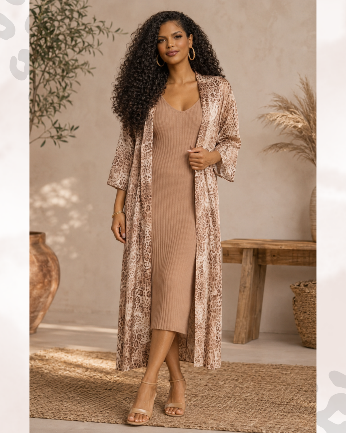 Camel Ribbed Sweater Knit Midi Dress