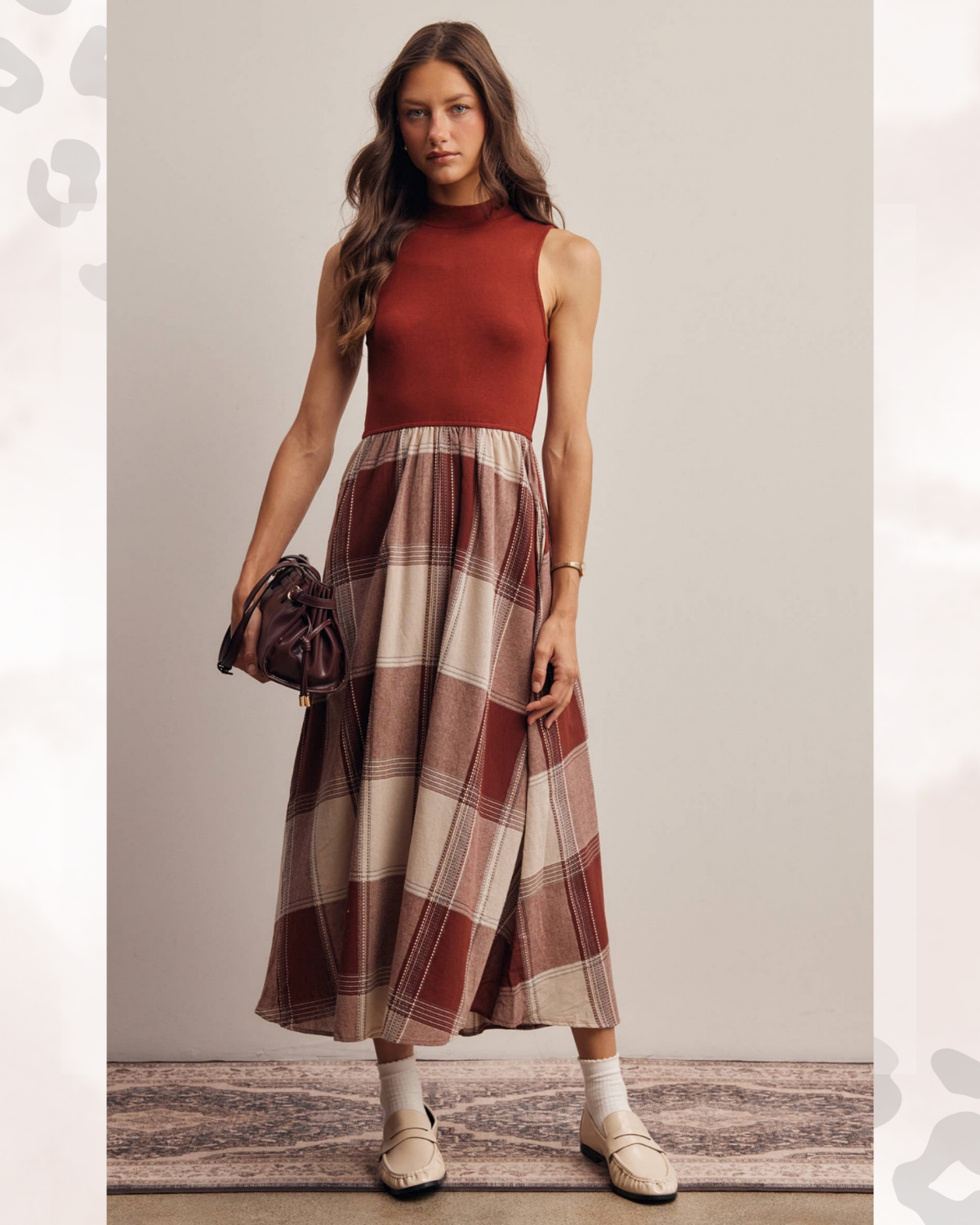 Marsala Plaid Mixed-Media Midi Dress