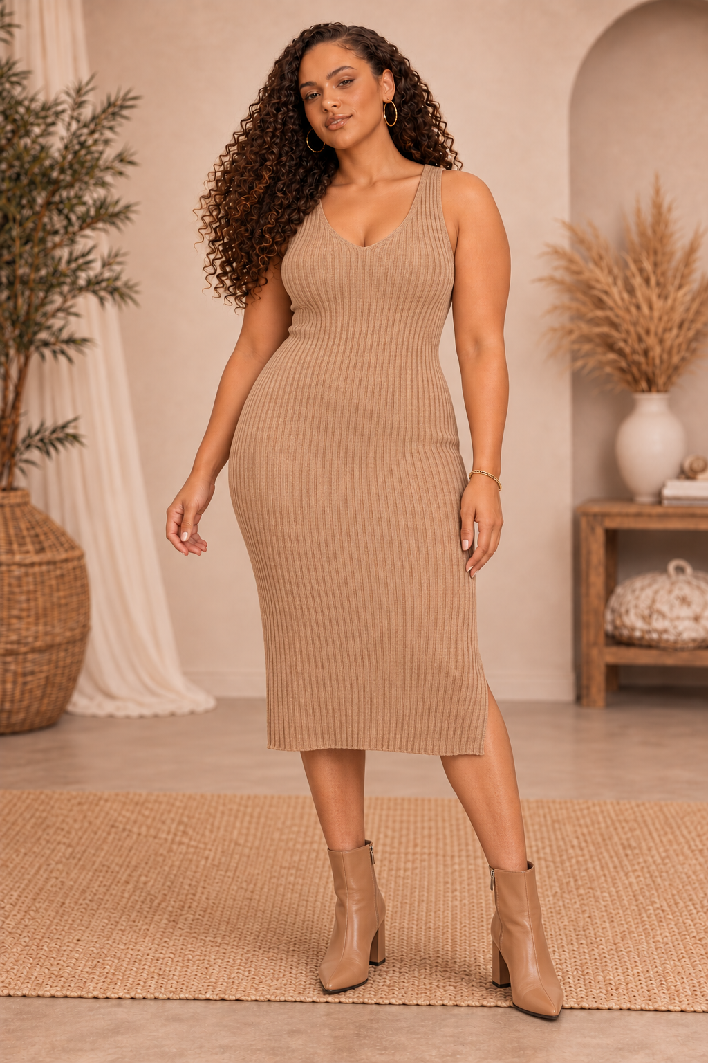 Camel Ribbed Sweater Knit Midi Dress