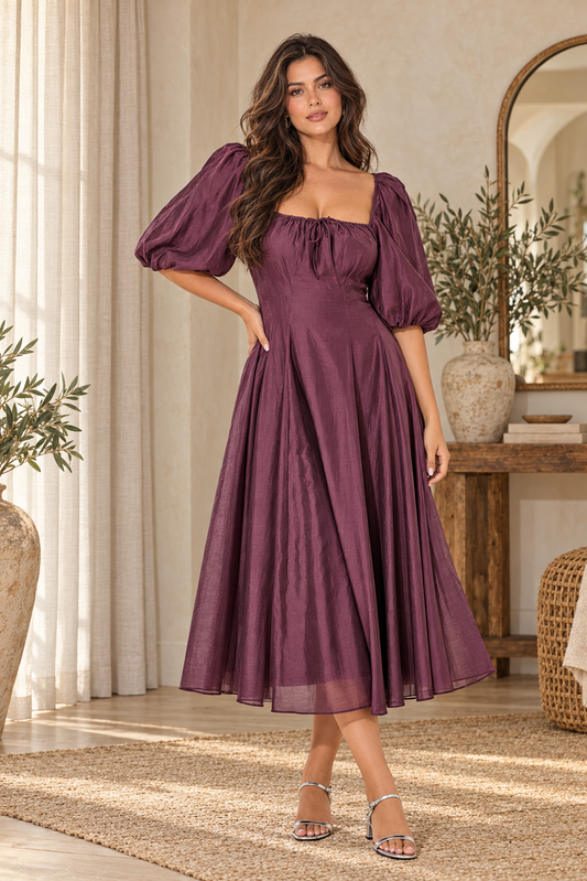 Plum Romance Square Neck Midi Dress