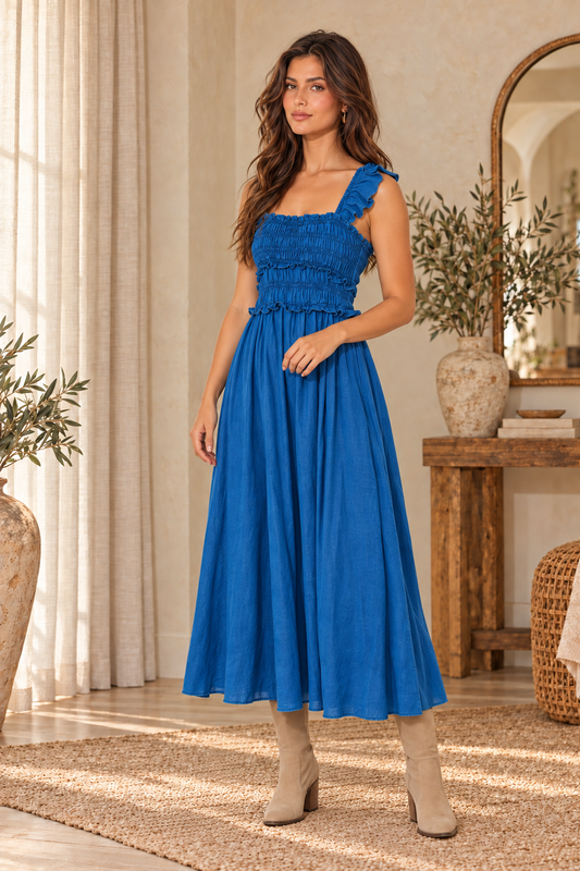 Blue Reverie Ruffle Strap Midi Dress