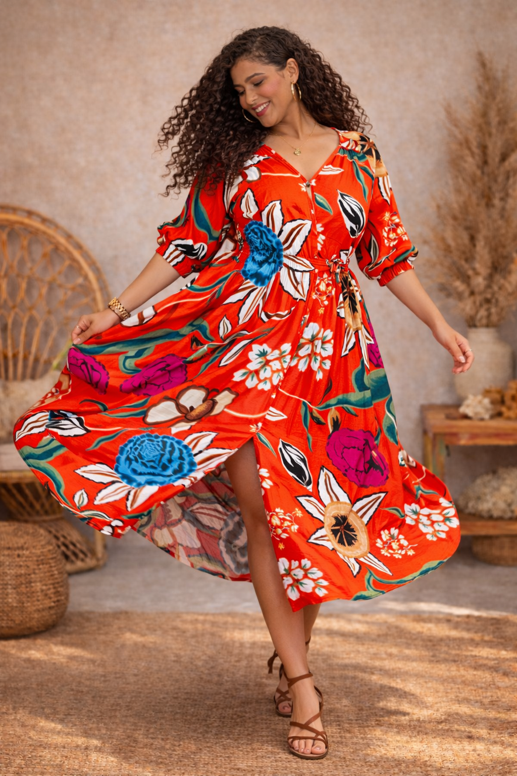 Solara Pleated Waist Midi Dress [orange]