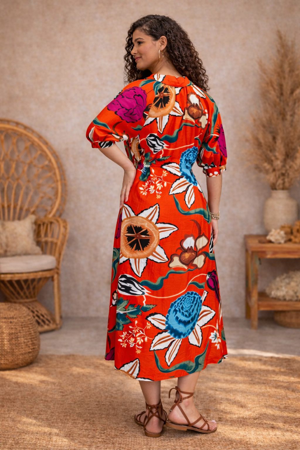 Solara Pleated Waist Midi Dress [orange]