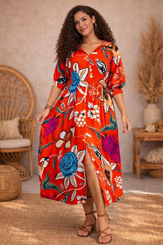 Solara Pleated Waist Midi Dress [orange]