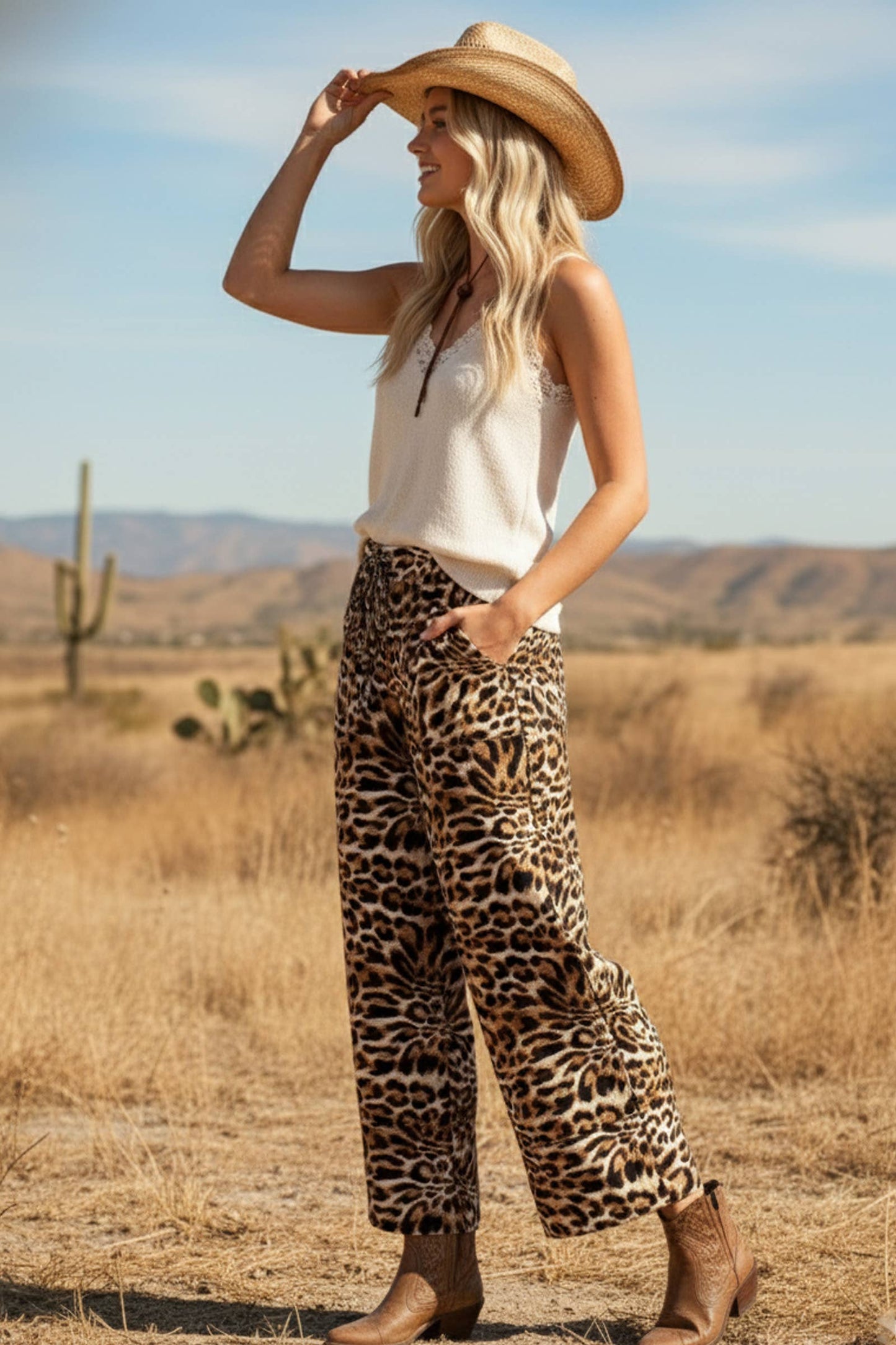 Leopard Print Wide Leg Flowy Woven Pant