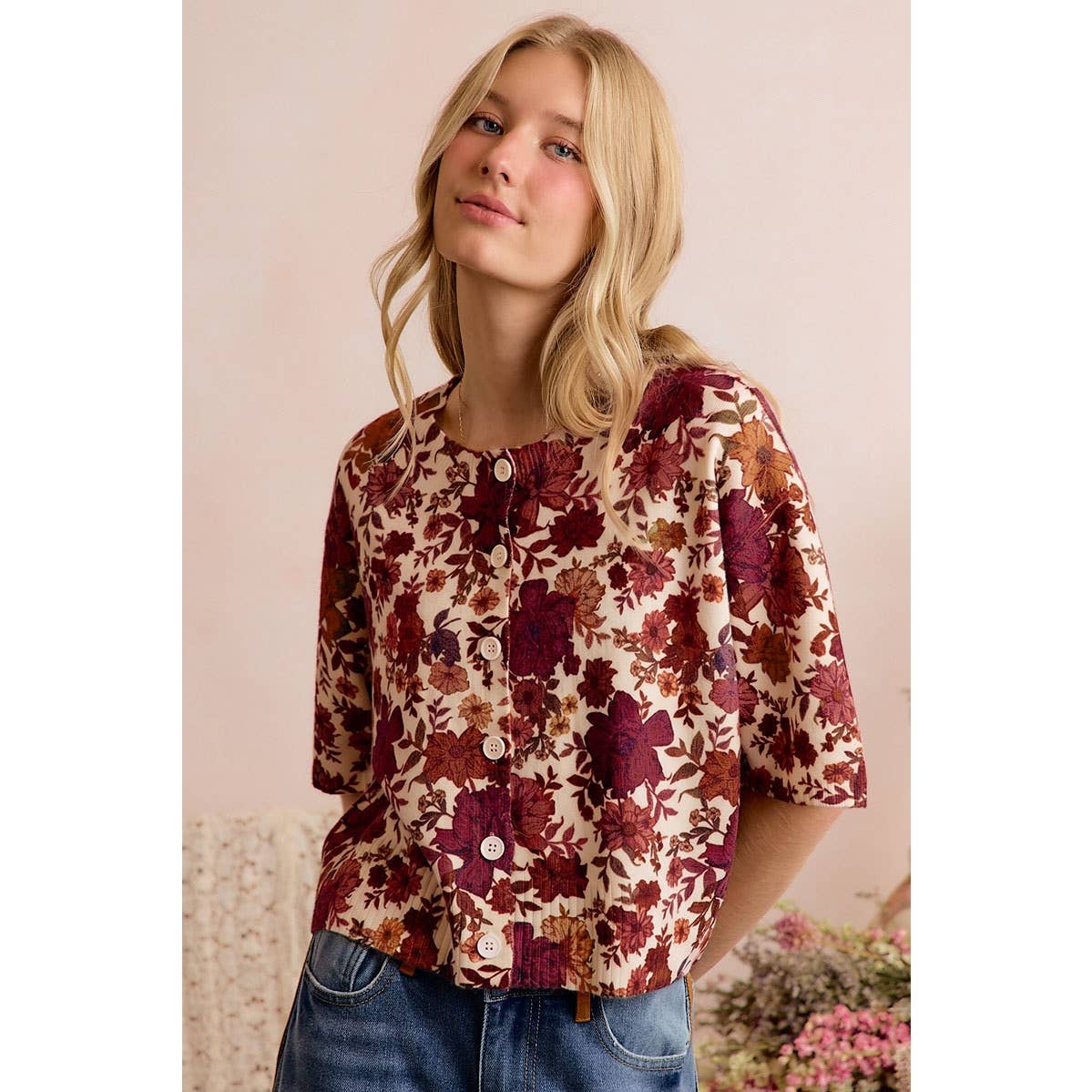 Cream and Bordeaux floral button-front sweater vest