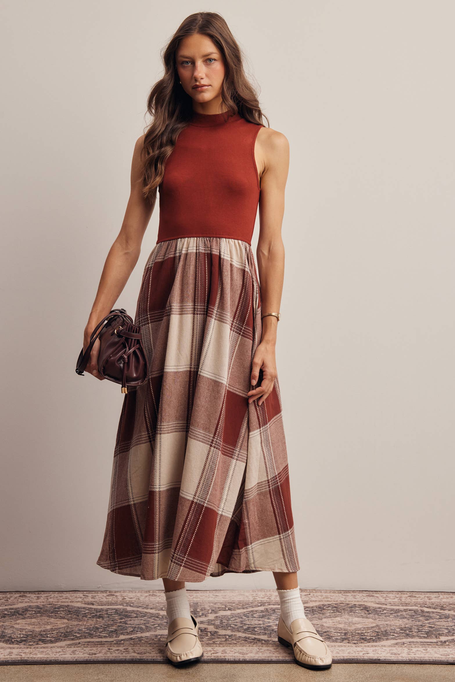 Marsala plaid mixed-media midi dress
