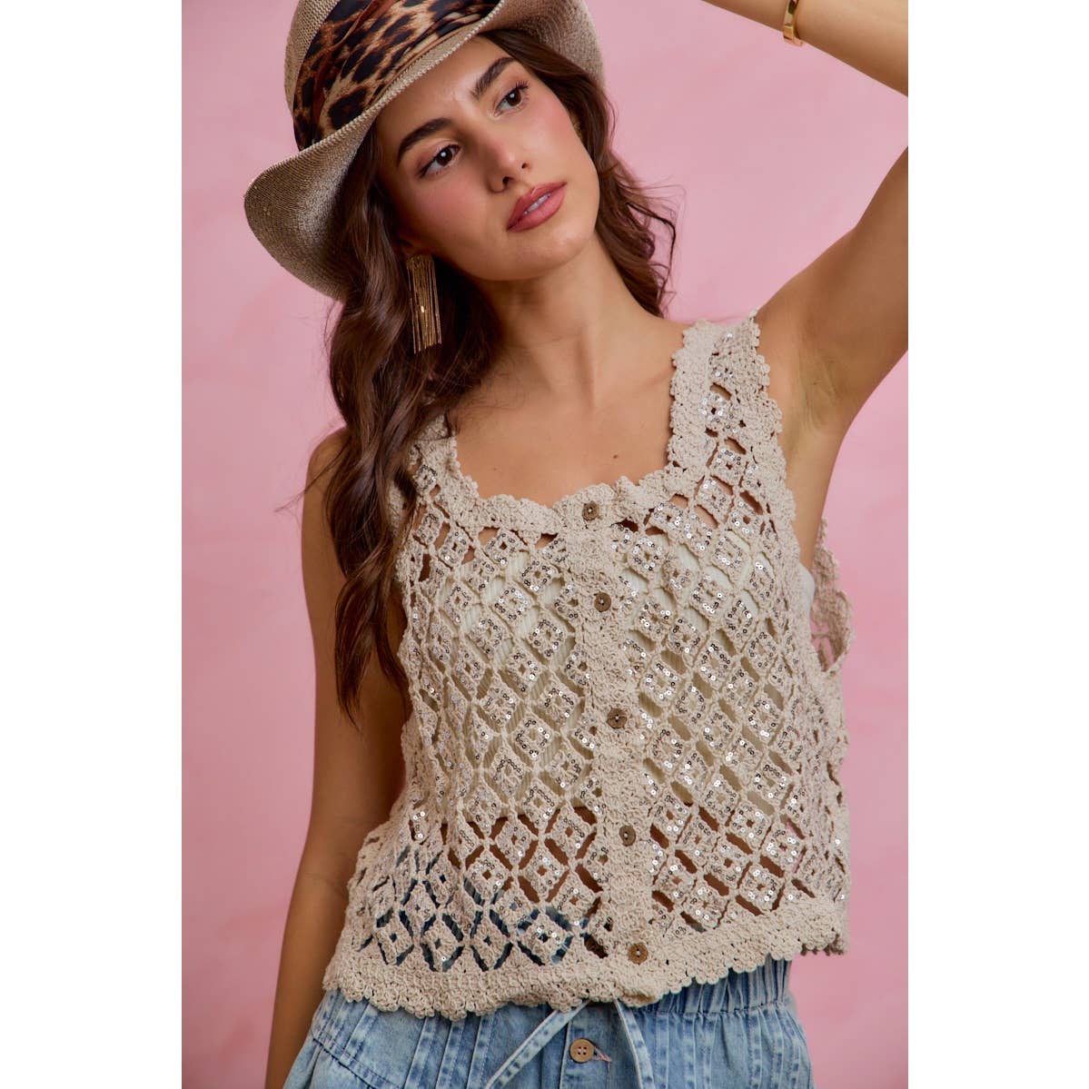 Golden Hour Crochet Sequin Vest