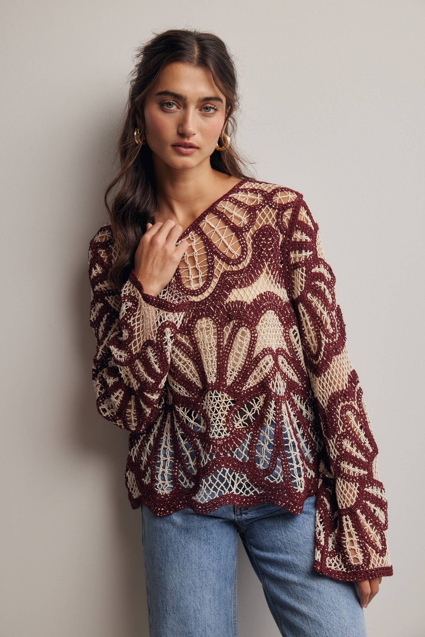 Cinnamon and cream floral crochet sweater
