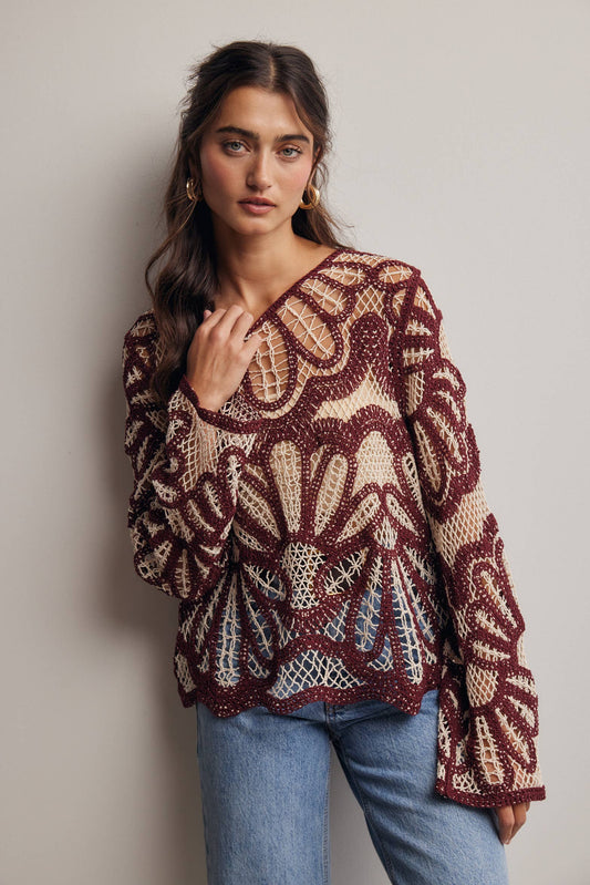 Cinnamon and cream floral crochet sweater