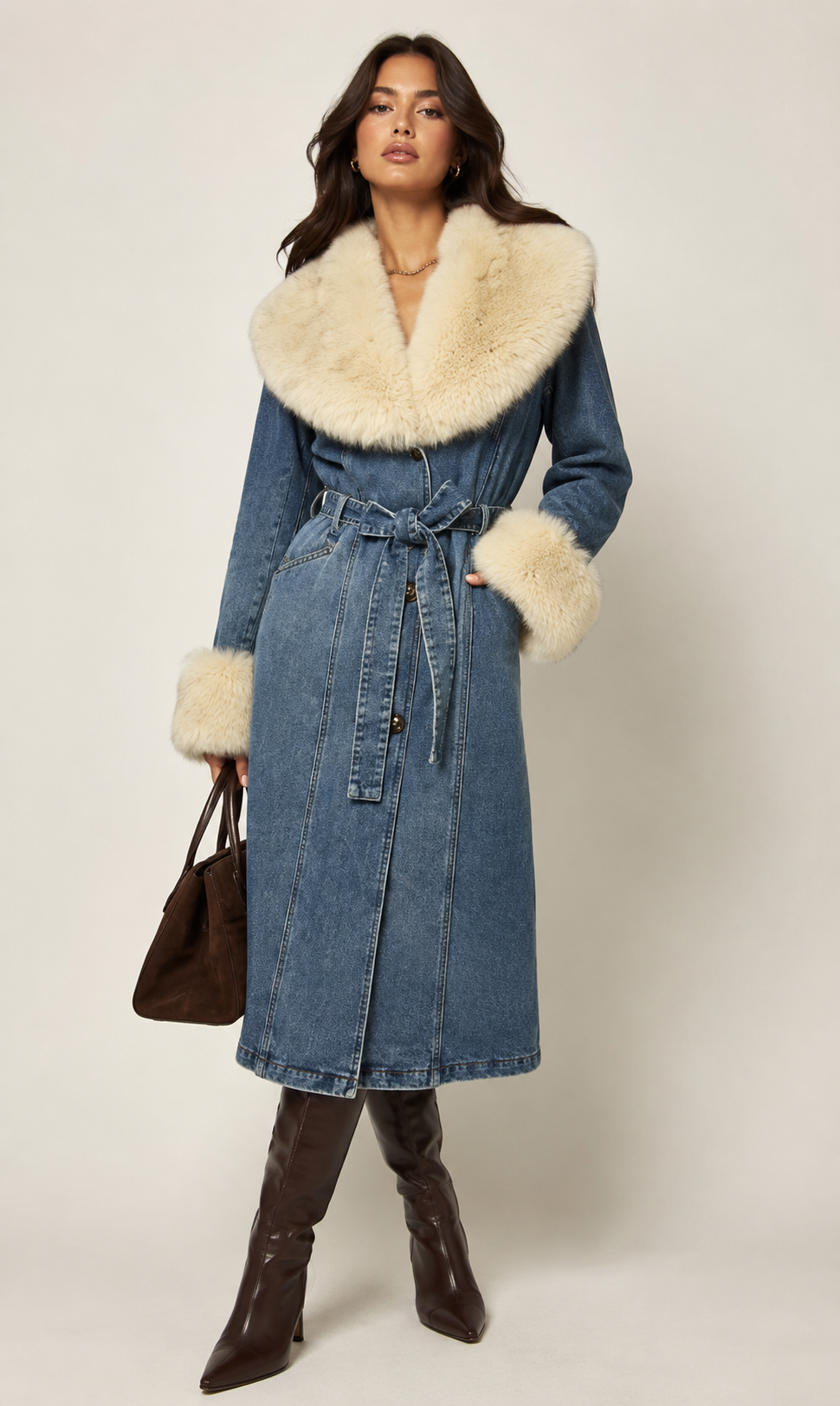 Aspen denim faux fur trench coat in blue denim with cream faux fur collar and cuffs
