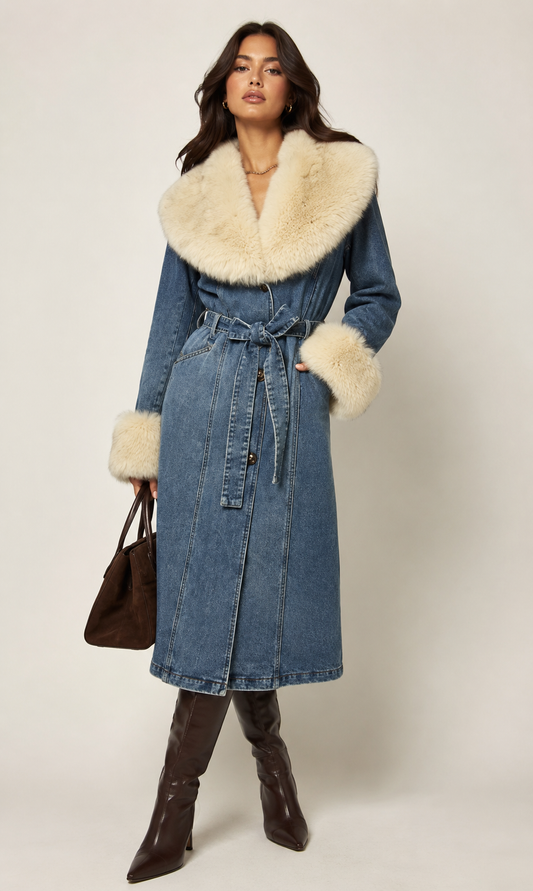 Aspen denim faux fur trench coat in blue denim with cream faux fur collar and cuffs