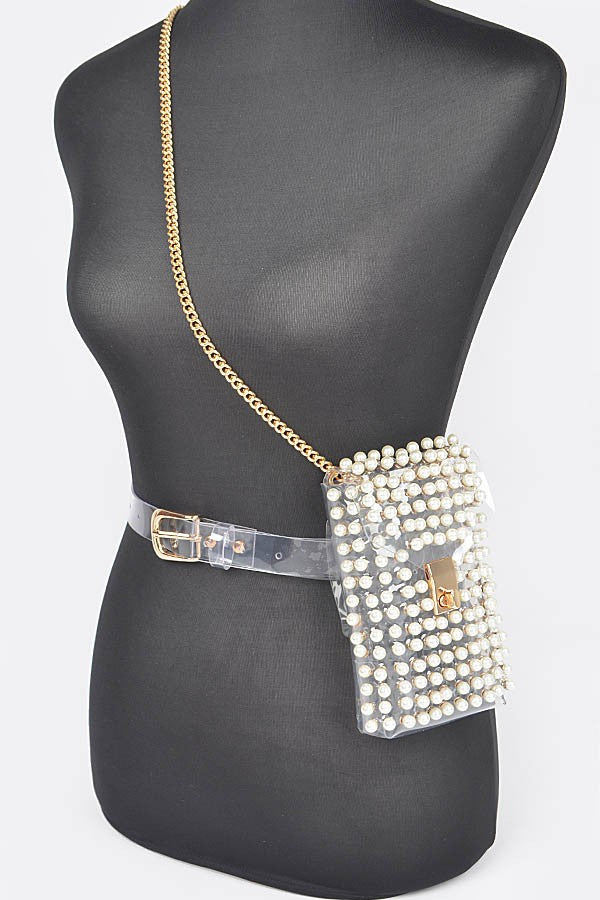 Pearl clear stadium belt bag with gold chain and clear belt