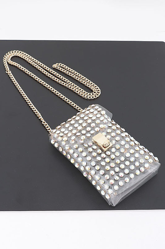 Rhinestone clear stadium belt bag with gold chain
