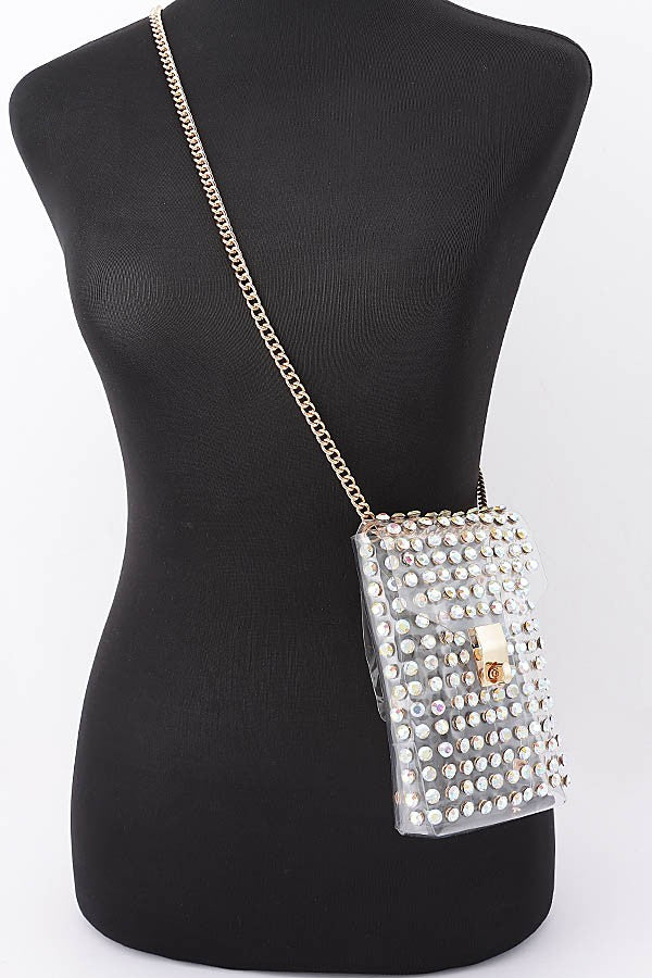 Rhinestone clear stadium belt bag worn crossbody
