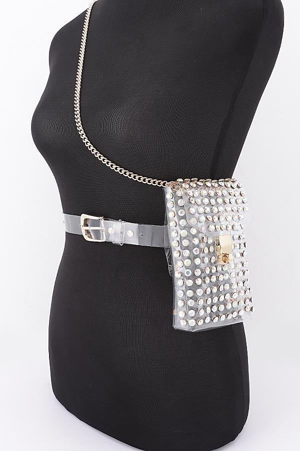 Rhinestone clear stadium belt bag worn at waist
