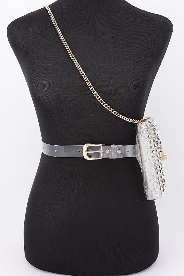 Rhinestone clear stadium belt bag side view with clear belt
