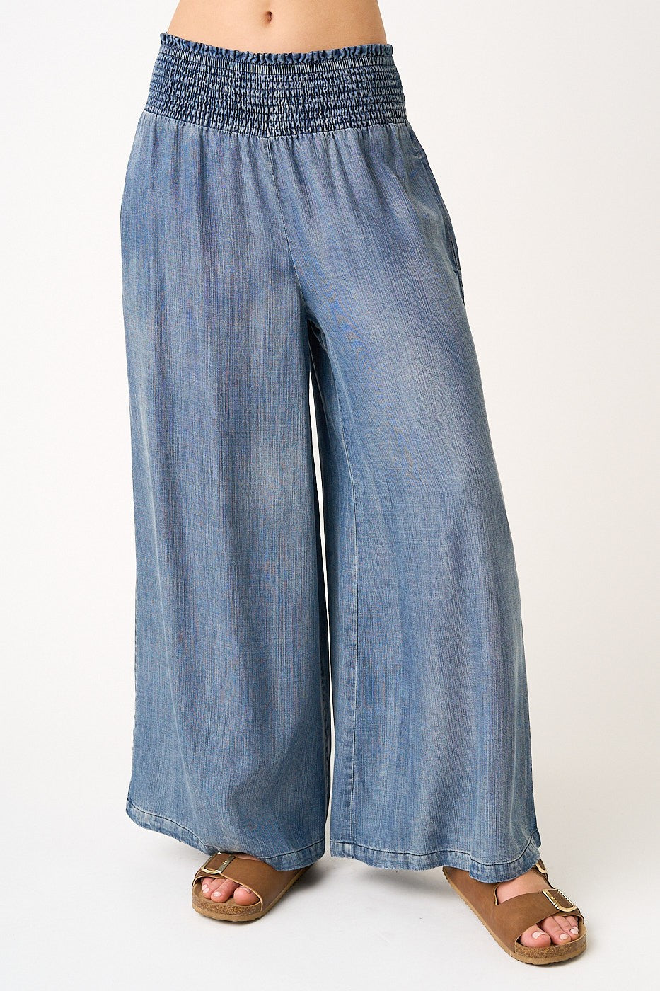Tencel chambray wide leg pants with smocked waistband front view