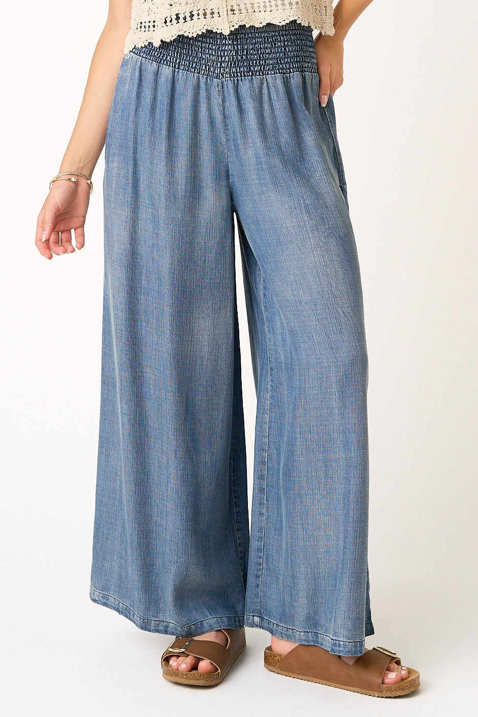 Tencel chambray wide leg pants styled with crochet top