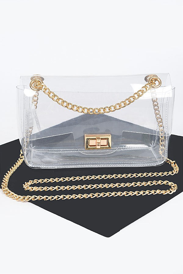 Transparent flap crossbody bag with gold chain hardware