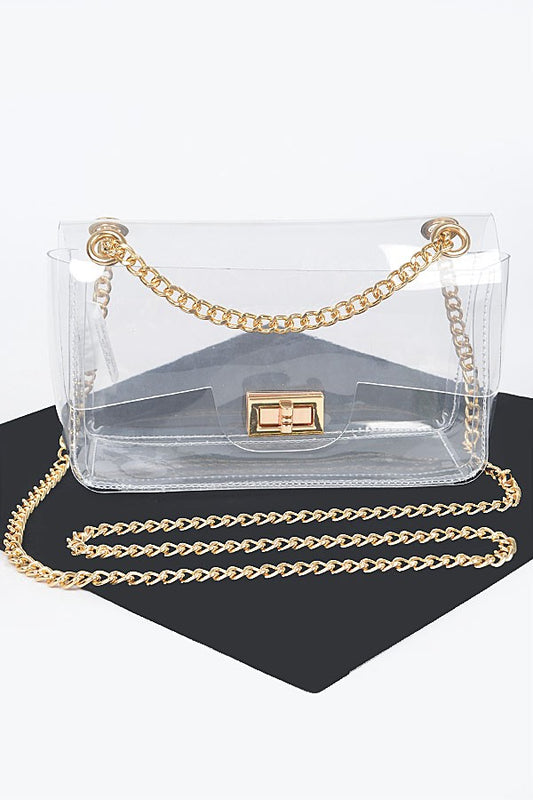 Transparent flap crossbody bag with gold chain hardware