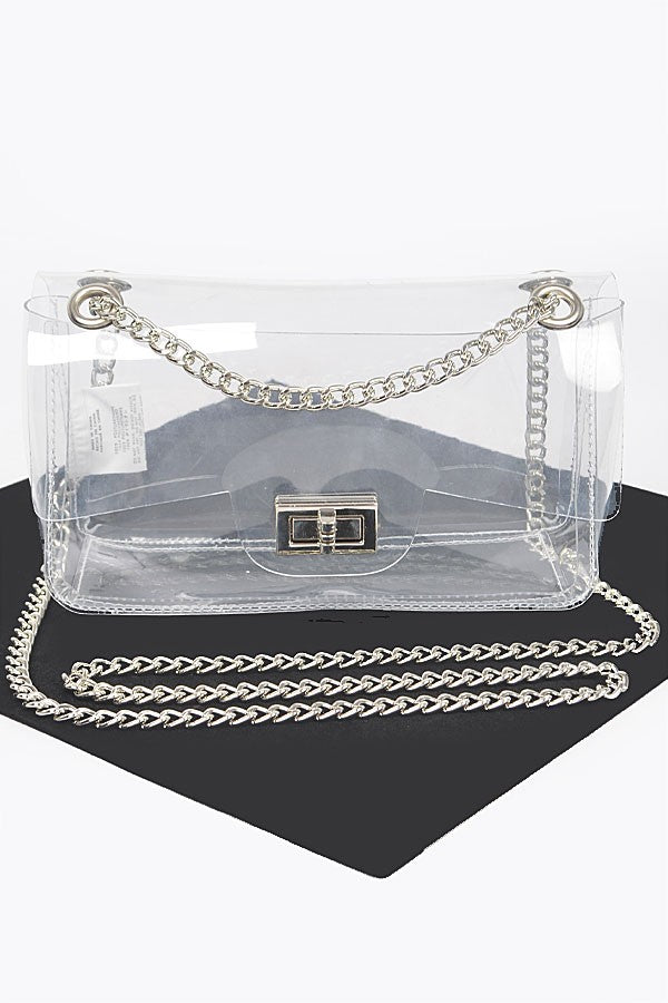 Transparent flap crossbody bag with silver chain hardware