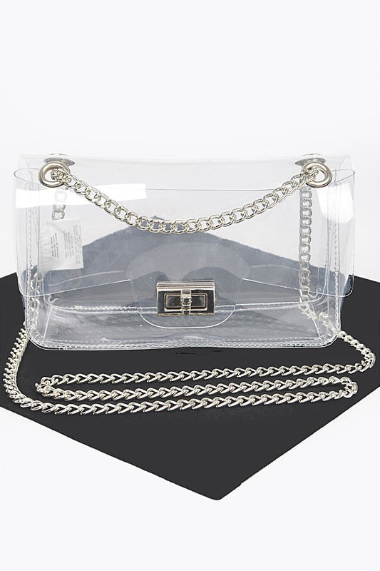 Transparent flap crossbody bag with silver chain hardware