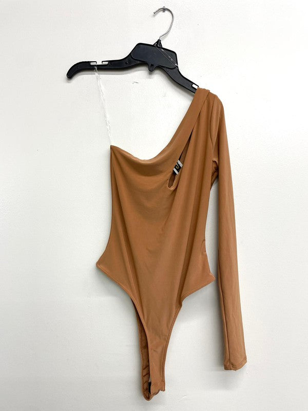 One Shoulder Cut Out Thong Lined Bodysuit [clay]